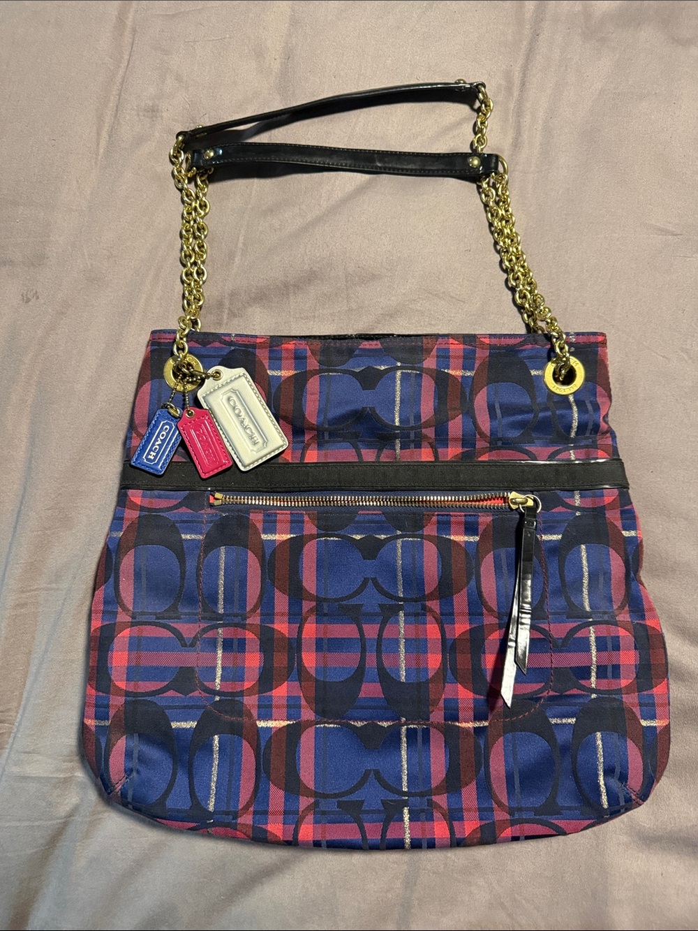 Coach Plaid Signature Chain Shoulder Bag in Blue/pink/gold, with red interior